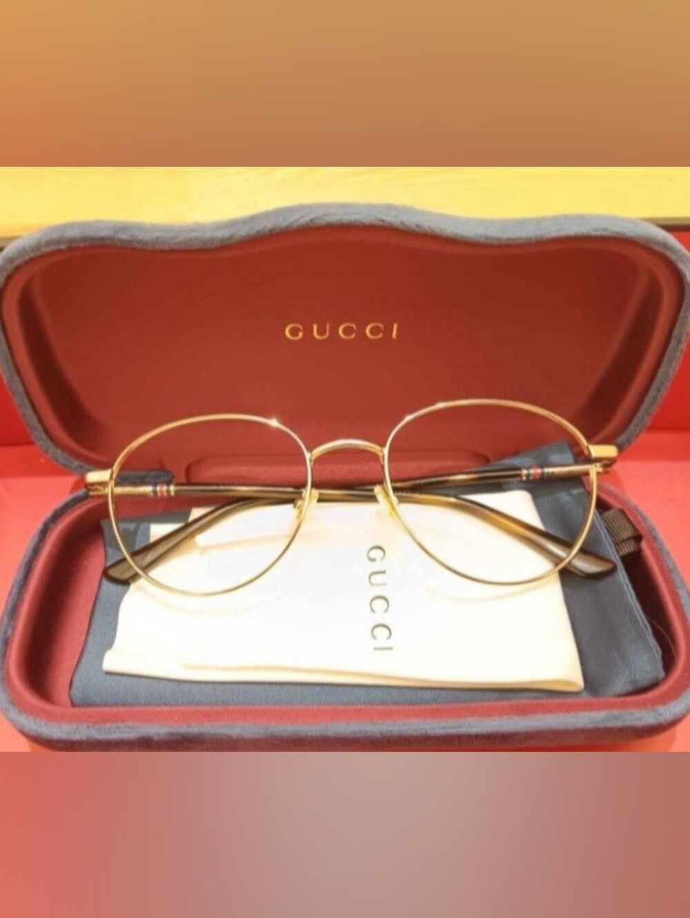 GUCCI Gold Round Eyeglasses Frames with Brown Temples
